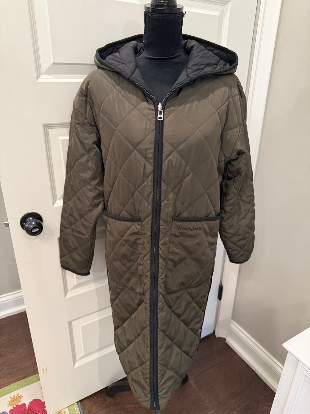 Lucky Brand Quilted Hooded Long Puffer in Olive Green